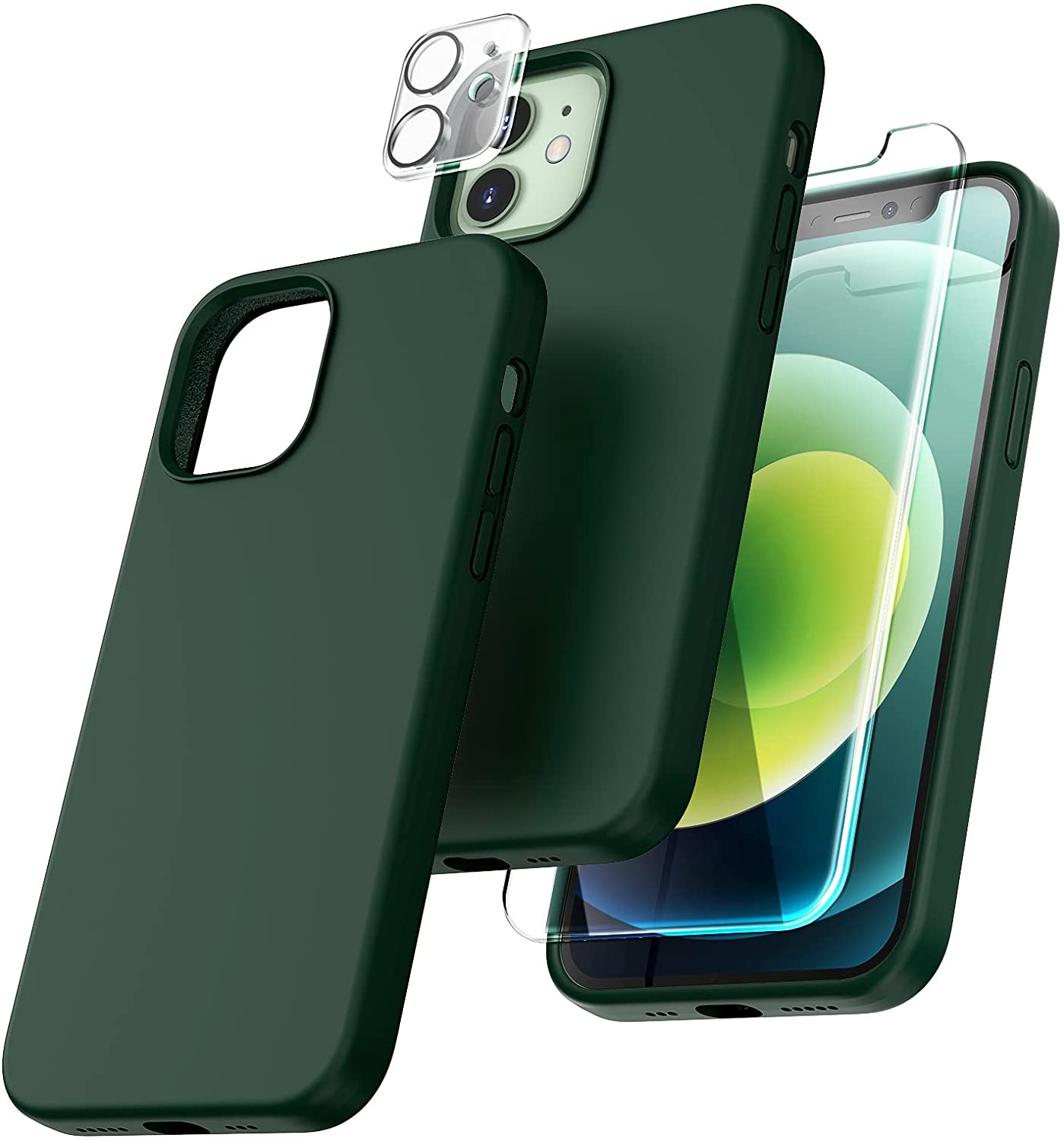 TOCOL [5 in 1] for iPhone 12 Case, for iPhone 12 Pro Case, with 2 Pack Screen Protector + 2 Pack Camera Lens Protector, Silicone Shockproof Phone Case [Anti-Scratch] [Drop Protection], Alpine Green