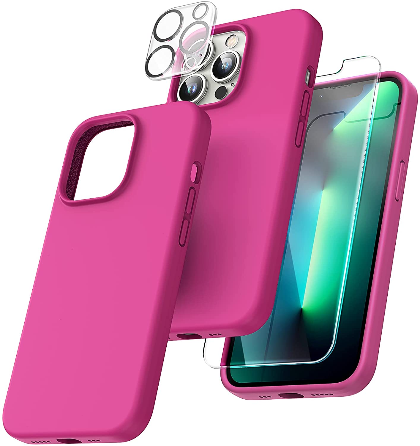 TOCOL [5 in 1] for iPhone 13 Pro Case, with 2 Pack Screen Protector + 2 Pack Camera Lens Protector, Slim Silicone Phone Case iPhone 13 Pro 6.1 Inch, [Anti-Scratch] [Drop Protection], Hot Pink