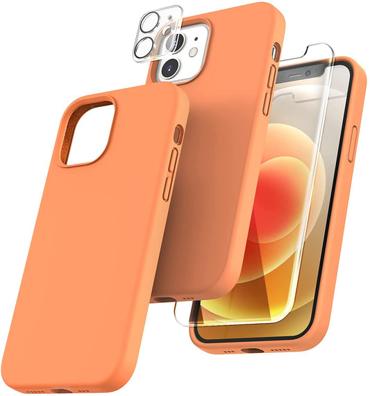 TOCOL [5 in 1] for iPhone 12 Case, for iPhone 12 Pro Case, with 2 Pack Screen Protector + 2 Pack Camera Lens Protector, Silicone Shockproof Phone Case [Anti-Scratch] [Drop Protection], Kumquat
