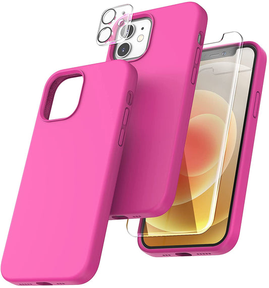 TOCOL [5 in 1] for iPhone 12 Case, for iPhone 12 Pro Case, with 2 Pack Screen Protector + 2 Pack Camera Lens Protector, Silicone Shockproof Phone Case [Anti-Scratch] [Drop Protection], Hot Pink