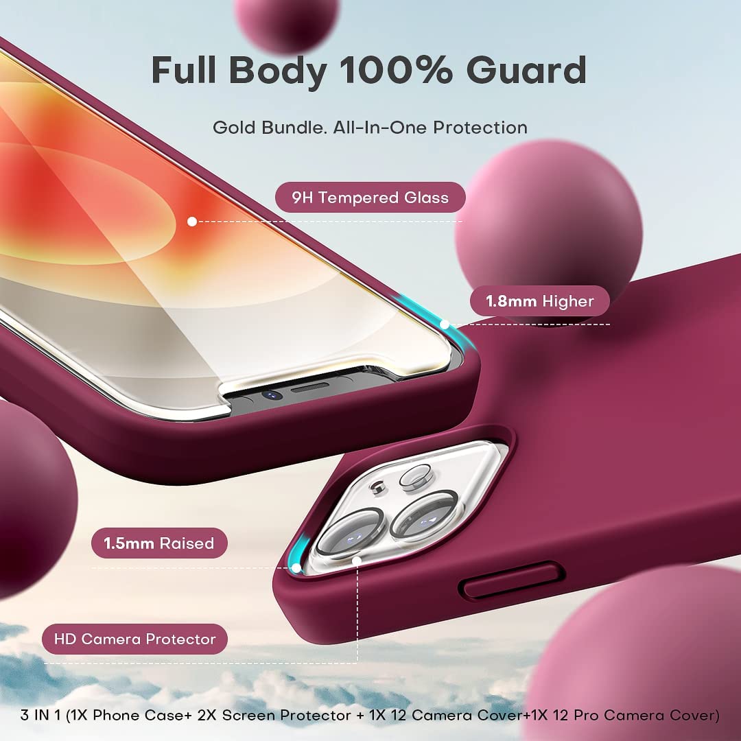 TOCOL [5 in 1] for iPhone 12 Case, for iPhone 12 Pro Case, with 2 Pack Screen Protector + 2 Pack Camera Lens Protector, Silicone Shockproof Phone Case [Anti-Scratch] [Drop Protection], Plum