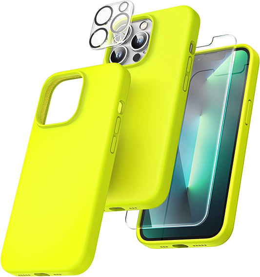 TOCOL [5 in 1] for iPhone 13 Pro Max Case, with 2 Pack Screen Protector + 2 Pack Camera Lens Protector, Slim Liquid Silicone Phone Case 6.7 Inch, [Anti-Scratch] [Drop Protection],Fluorescent Yellow