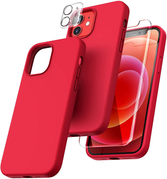 TOCOL [5 in 1] Designed for iPhone 12 Case & iPhone 12 Pro Case, with 2 Pack Screen Protector + 2 Pack Camera Lens Protector, Silicone Shockproof Cover [Anti-Scratch] [Drop Protection], Bright Red