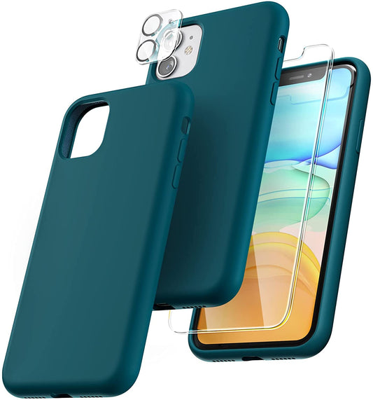 TOCOL [5 in 1] Designed for iPhone 11 Case, with 2 Pack Screen Protector + 2 Pack Camera Lens Protector, Liquid Silicone Slim Shockproof Cover [Anti-Scratch] [Drop Protection], Teal