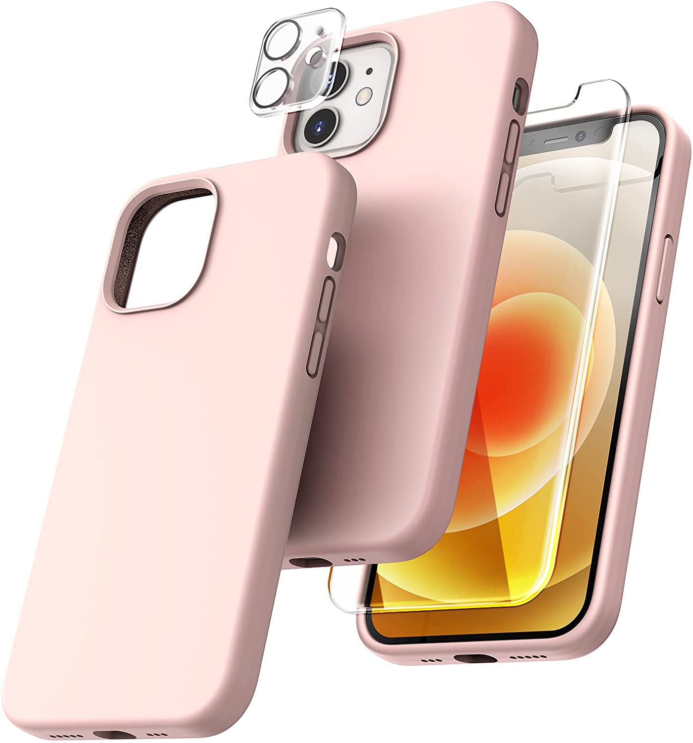 TOCOL [5 in 1] for iPhone 12 Case, for iPhone 12 Pro Case, with 2 Pack Screen Protector + 2 Pack Camera Lens Protector, Silicone Shockproof Phone Case [Anti-Scratch] [Drop Protection], Pink