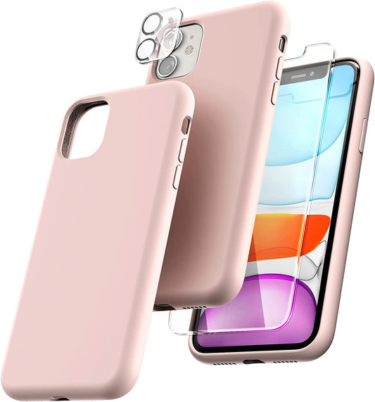 TOCOL [5 in 1 Designed for iPhone 11 Case, with 2 Pack Screen Protector + 2 Pack Camera Lens Protector, Liquid Silicone Slim Shockproof Cover [Anti-Scratch] [Drop Protection], Light Pink