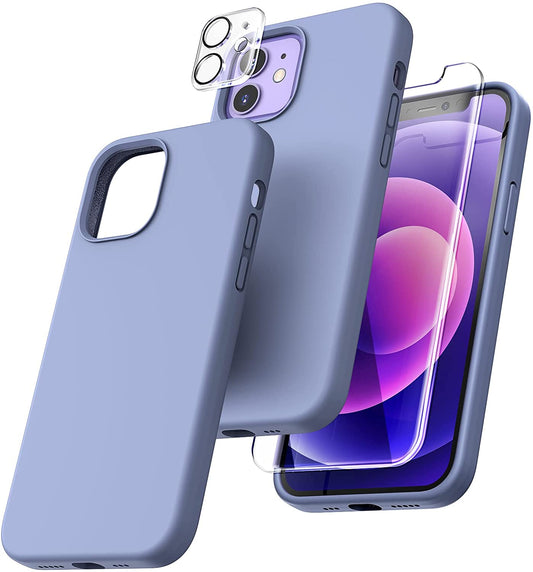 TOCOL [5 in 1] Designed for iPhone 12 Case & iPhone 12 Pro Case, with 2 Pack Screen Protector + 2 Pack Camera Lens Protector, Silicone Shockproof Cover [Anti-Scratch] [Drop Protection], Lavender Gray