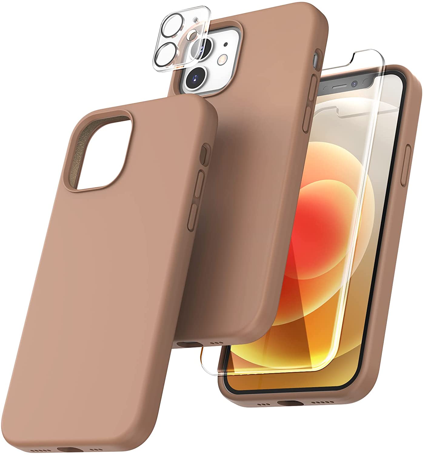 TOCOL [5 in 1] for iPhone 12 Case, for iPhone 12 Pro Case, with 2 Pack Screen Protector + 2 Pack Camera Lens Protector, Silicone Shockproof Phone Case [Anti-Scratch] [Drop Protection], Brown