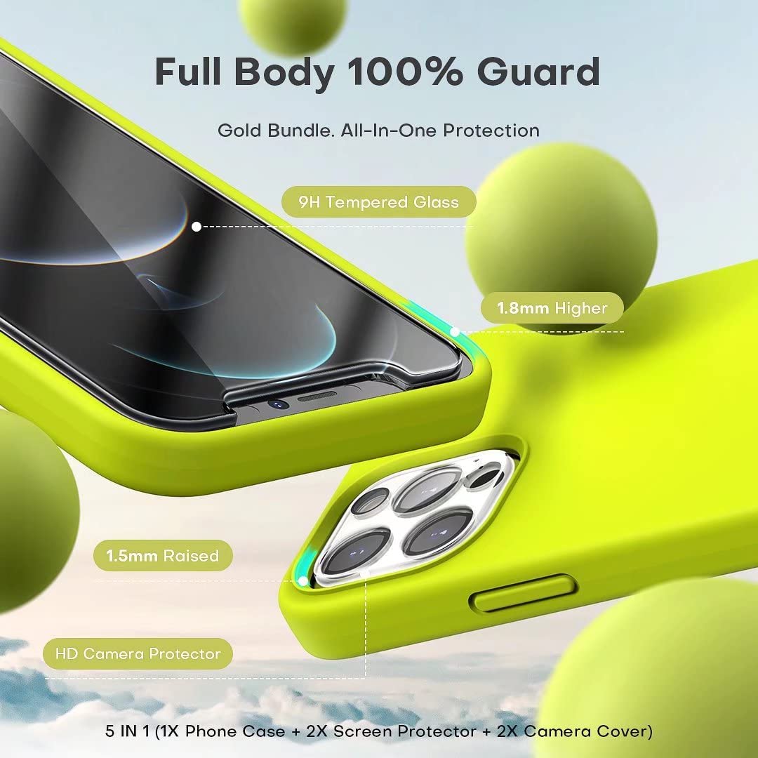 TOCOL [5 in 1] for iPhone 12 Pro Max Case, with 2 Pack Screen Protector + 2 Pack Camera Lens Protector, Silicone Slim Shockproof Cover [Anti-Scratch] [Drop Protection], Fluorescent Yellow