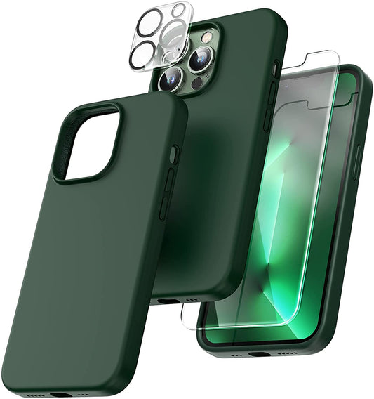 TOCOL [5 in 1] for iPhone 13 Pro Case, with 2 Pack Screen Protector + 2 Pack Camera Lens Protector, Slim Silicone Phone Case iPhone 13 Pro 6.1 Inch, [Anti-Scratch] [Drop Protection], Alpine Green