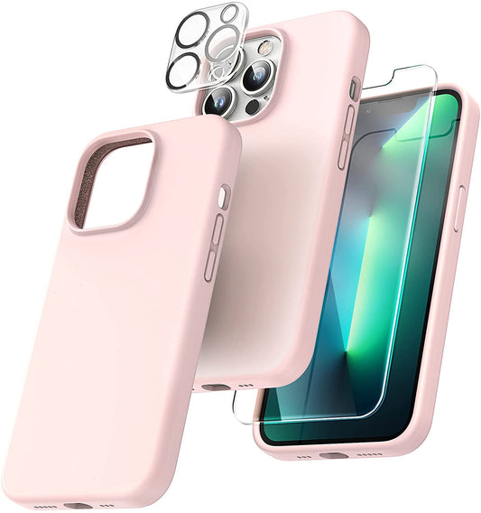 TOCOL [5 in 1] for iPhone 13 Pro Max Case, with 2 Pack Screen Protector + 2 Pack Camera Lens Protector, Slim Liquid Silicone Phone Case 6.7 Inch, [Anti-Scratch] [Drop Protection],Pink