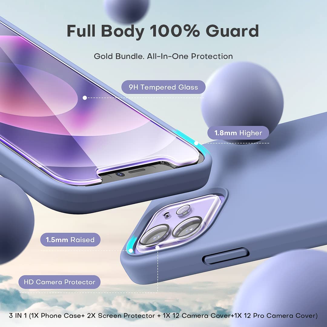 TOCOL [5 in 1] Designed for iPhone 12 Case & iPhone 12 Pro Case, with 2 Pack Screen Protector + 2 Pack Camera Lens Protector, Silicone Shockproof Cover [Anti-Scratch] [Drop Protection], Lavender Gray
