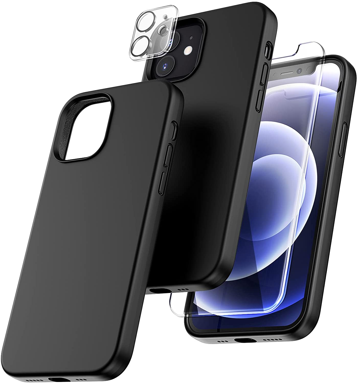 TOCOL [5 in 1] for iPhone 12 Case, for iPhone 12 Pro Case, with 2 Pack Screen Protector + 2 Pack Camera Lens Protector, Silicone Shockproof Phone Case [Anti-Scratch] [Drop Protection], Black