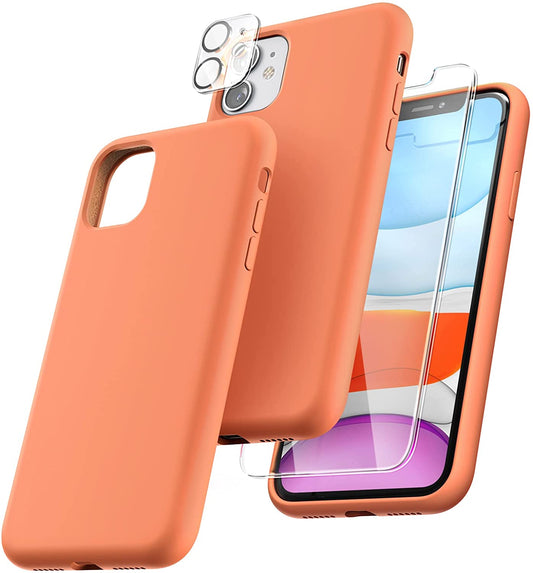TOCOL [5 in 1] Designed for iPhone 11 Case, with 2 Pack Screen Protector + 2 Pack Camera Lens Protector, Liquid Silicone Slim Shockproof Cover [Anti-Scratch] [Drop Protection], Kumquat