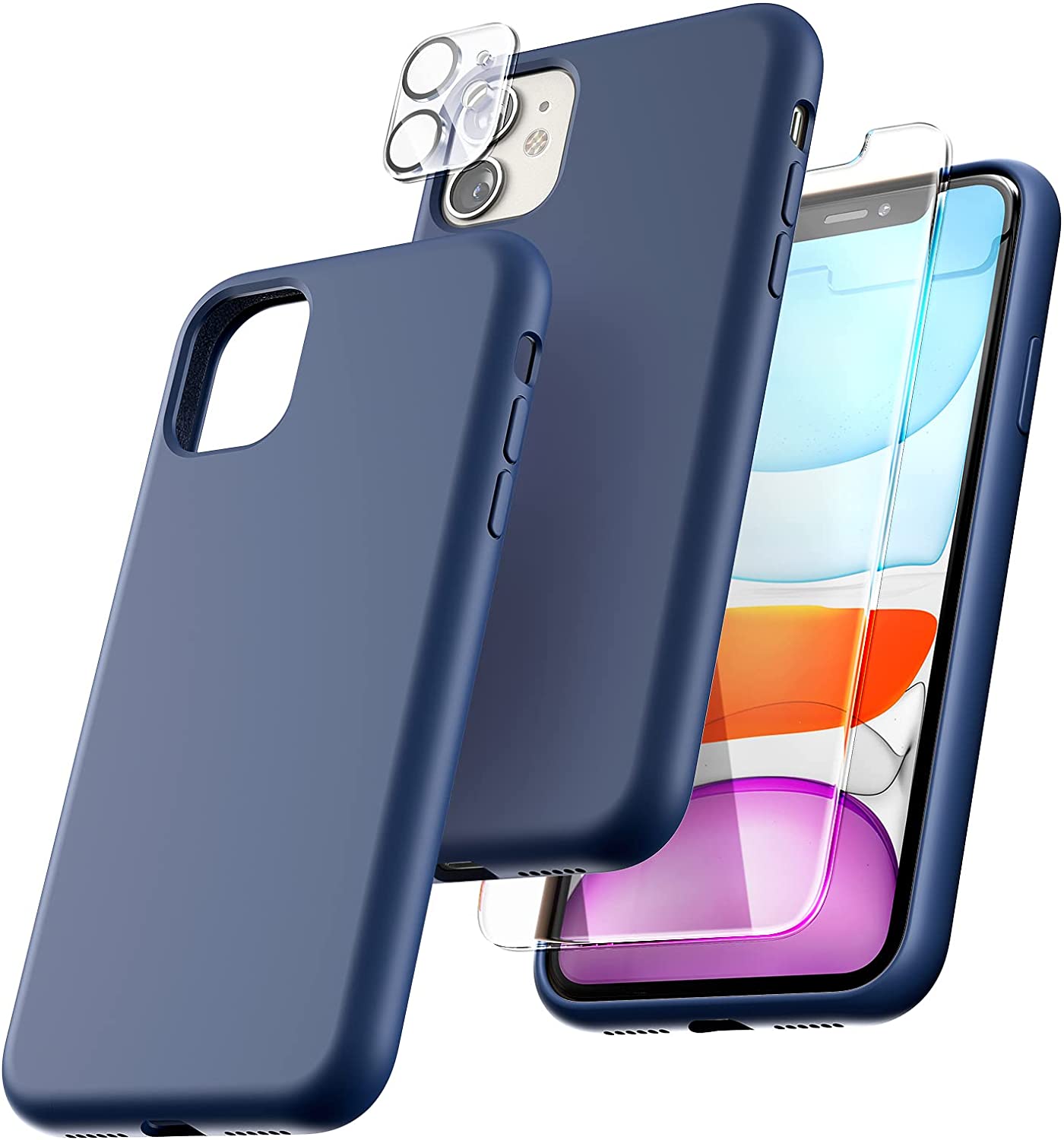 TOCOL [5 in 1 Designed for iPhone 11 Case, with 2 Pack Screen Protector + 2 Pack Camera Lens Protector, Liquid Silicone Slim Shockproof Cover [Anti-Scratch] [Drop Protection], Navy Blue
