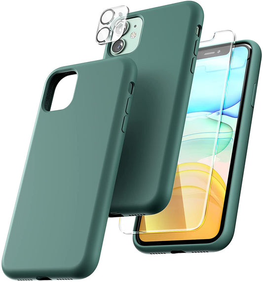 TOCOL [5 in 1] Designed for iPhone 11 Case, with 2 Pack Screen Protector + 2 Pack Camera Lens Protector, Liquid Silicone Slim Shockproof Cover [Anti-Scratch] [Drop Protection], Midnight Green