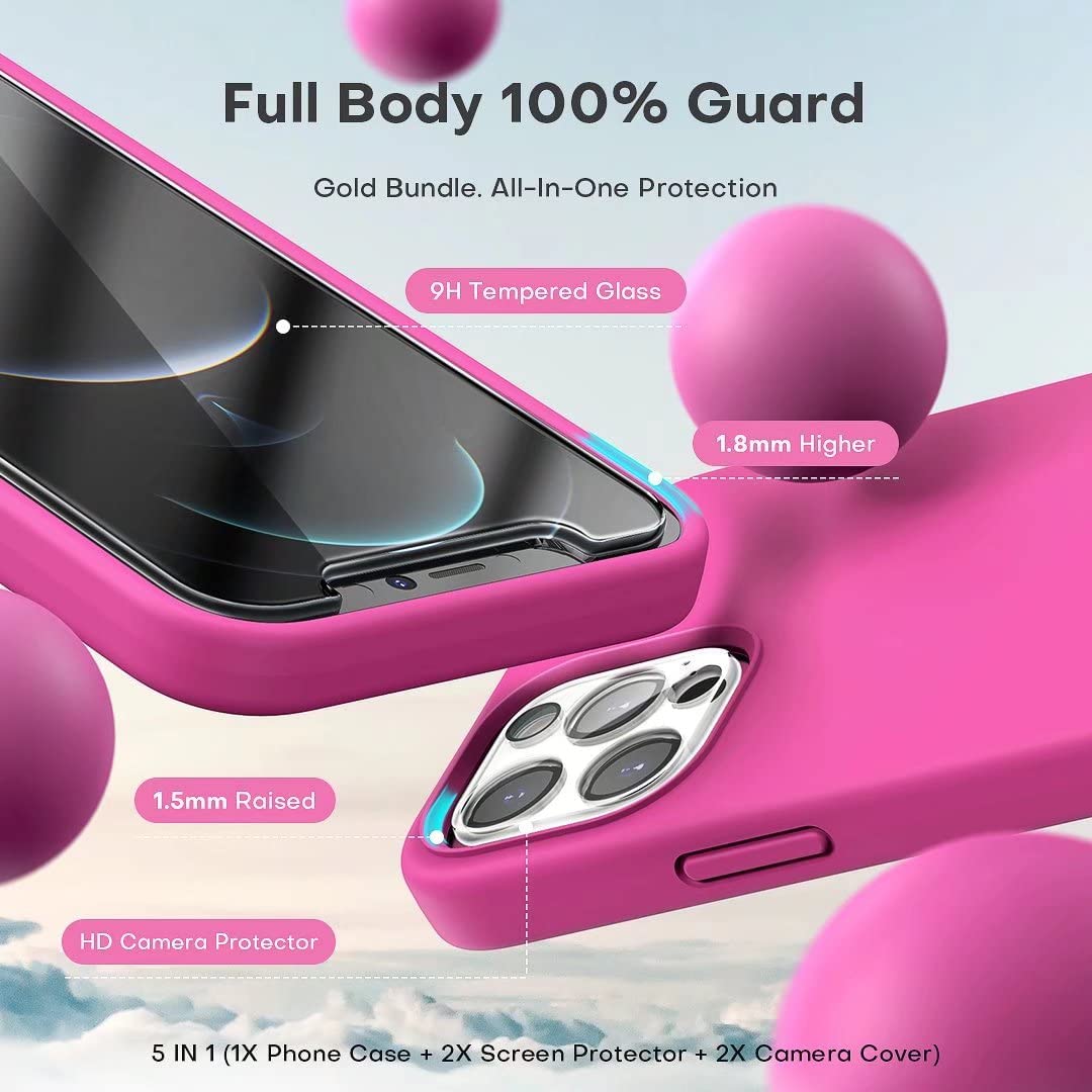 TOCOL [5 in 1] for iPhone 12 Pro Max Case, with 2 Pack Screen Protector + 2 Pack Camera Lens Protector, Liquid Silicone Slim Shockproof Phone Cover [Anti-Scratch] [Drop Protection], Hot Pink