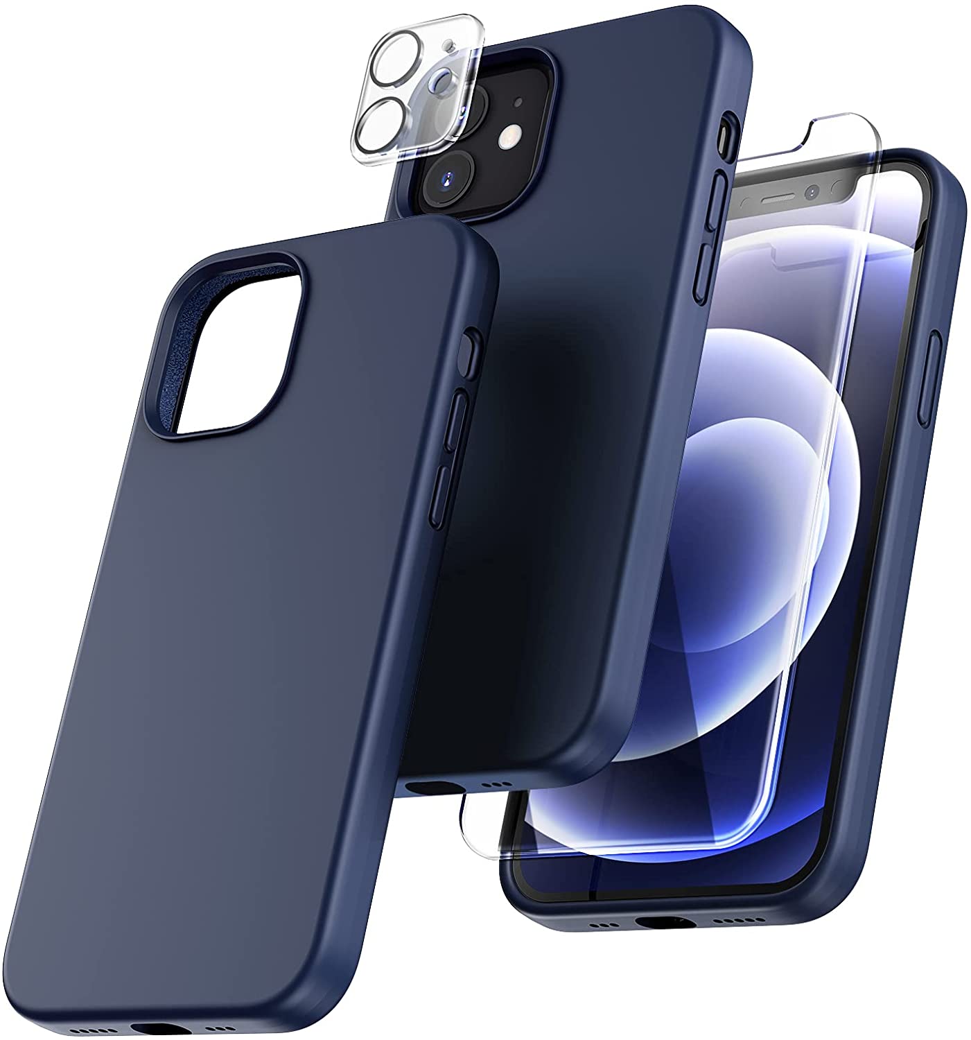 TOCOL [5 in 1] for iPhone 12 Case, for iPhone 12 Pro Case, with 2 Pack Screen Protector + 2 Pack Camera Lens Protector, Silicone Shockproof Phone Case [Anti-Scratch] [Drop Protection], Blue