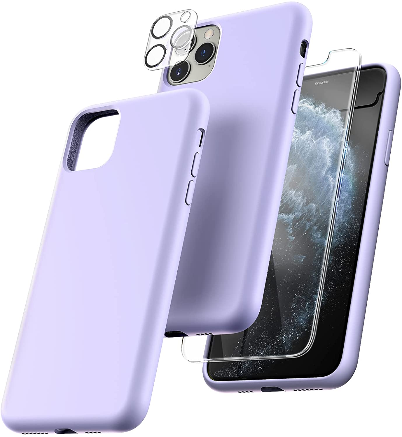 TOCOL [5 in 1] for iPhone 11 Pro Max Cases, with 2 Pack Screen Protector + 2 Pack Camera Lens Protector, Liquid Silicone Slim Shockproof Phone Case [Anti-Scratch] [Drop Protection] 6.5'', Purple