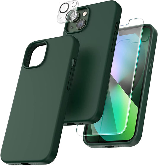 TOCOL [5 in 1] for iPhone 13 Case, with 2 Pack Screen Protector + 2 Pack Camera Lens Protector, Slim Liquid Silicone Phone Case iPhone 13 6.1 Inch, [Anti-Scratch] [Drop Protection], Alpine Green